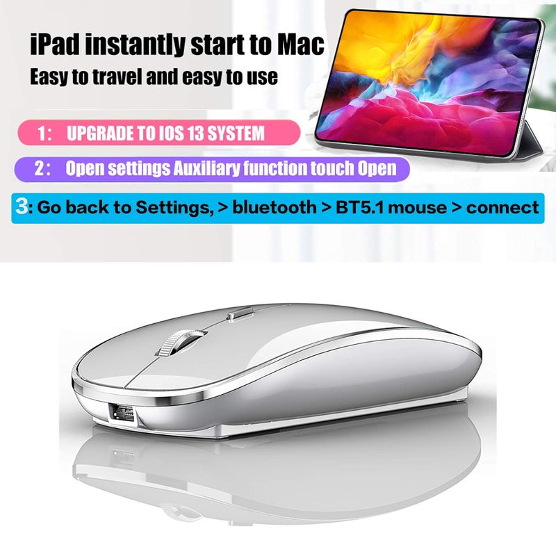Harfoowo فأرة بلوتوث قابلة لإعادة الشحن - فأرة بلوتوث لاسلكية لجهاز iPad Pro و iPad Air و Mac و MacBook Pro و MacBook Air و لابتوب Chromebook و Windows و HP و DELL (فضي) - Image 5